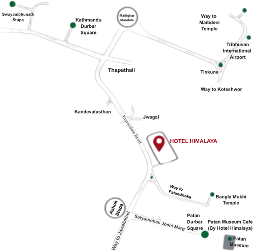 Illustrated location map showing Hotel Himalaya and nearby Kathmandu landmarks.